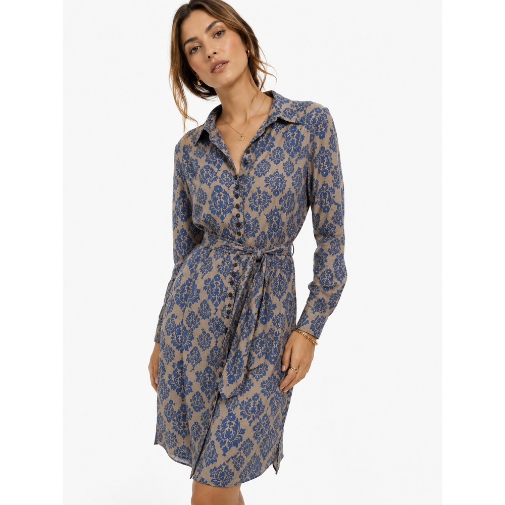 Dick & Jayne Los Angeles Cotton Silk Damask Floral Shirt Dress Blue Tan XL